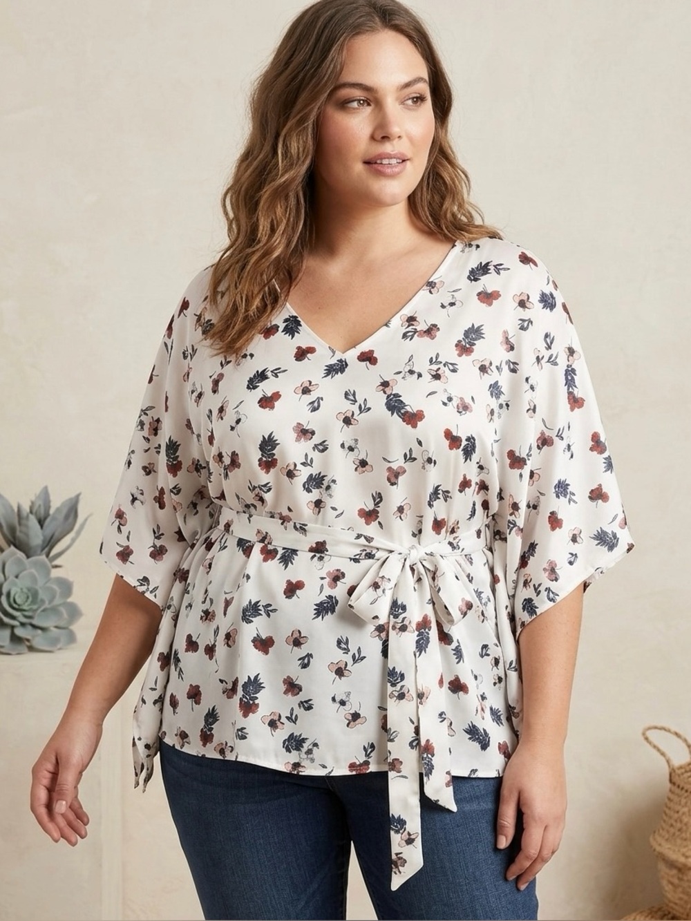 Lane Bryant White Floral V-Neck Tie-Back Blouse with Lace Yoke